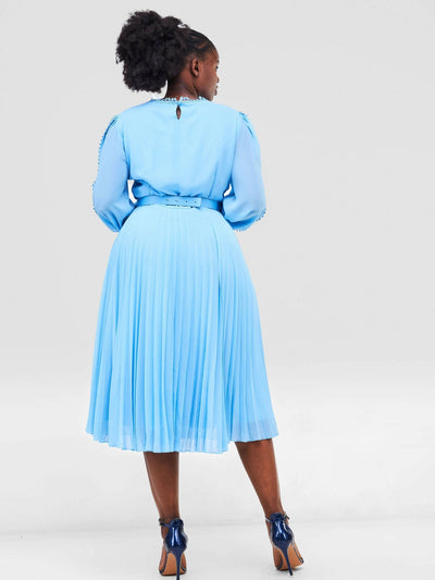 Anel's Knitwear Heavy Chiffon Detailed Dress - Sky Blue - Shopzetu