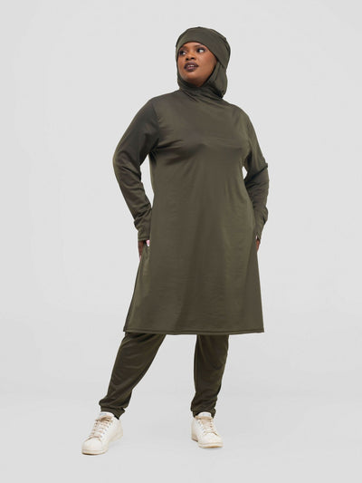 Zaiba Creations Modest Workout Hooded Tunic Top & Legging - Olive Green - Shopzetu