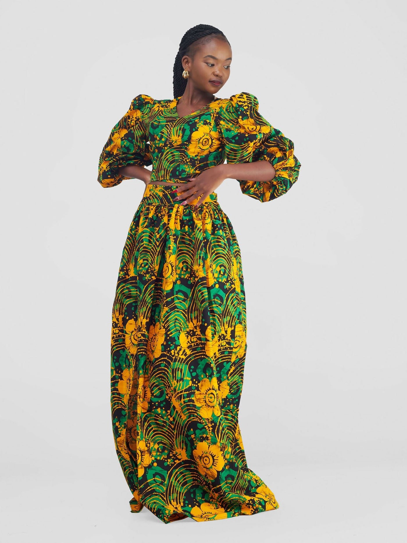 African Yuva Lila African Print Skirt Set - Green / Yellow - Shopzetu