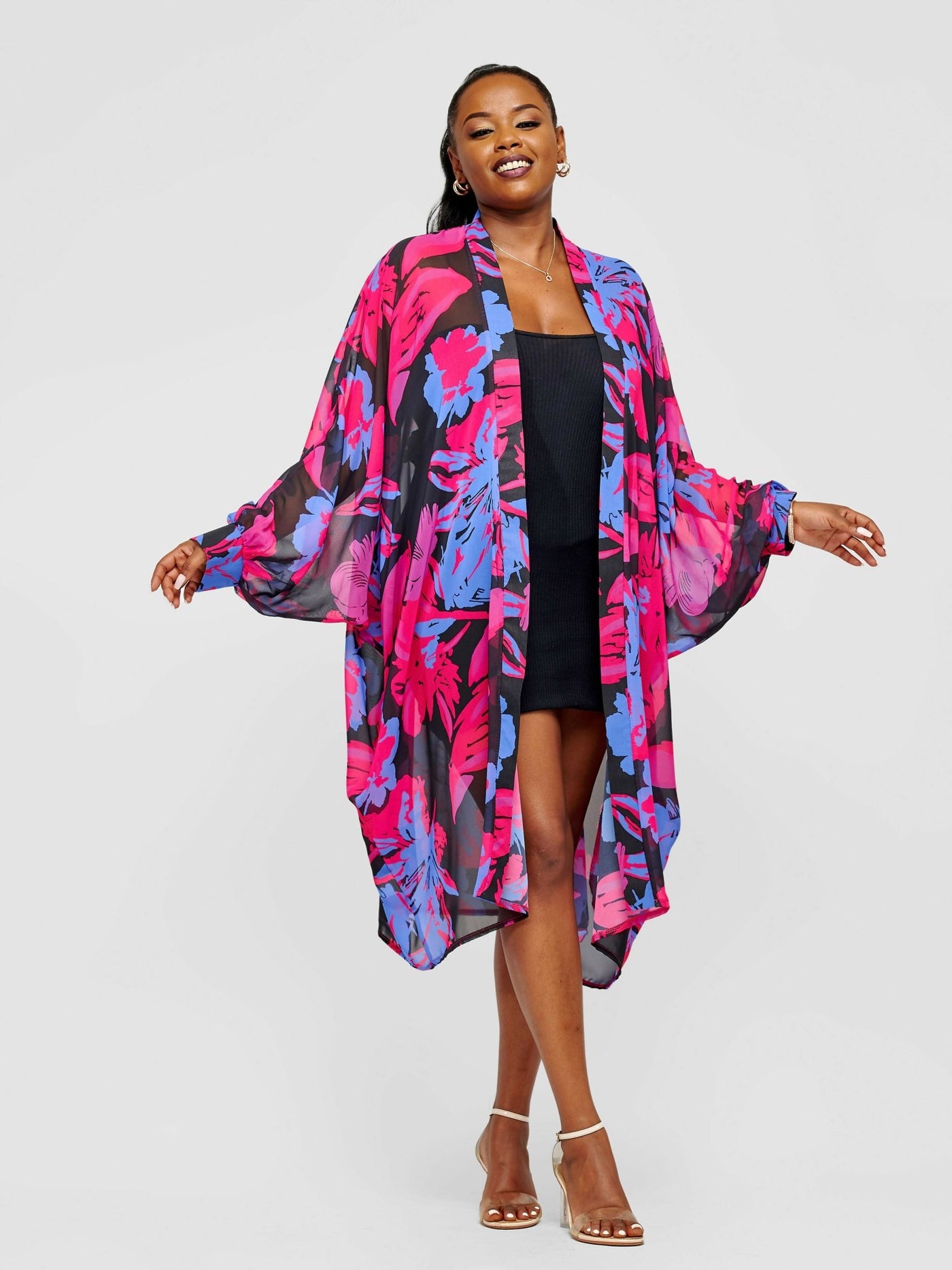 Tuli Halima Balloon Sleeve Kimono - Blue / Purple Print - Shopzetu