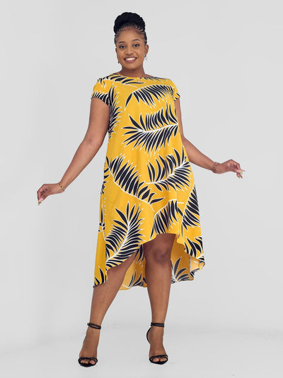 Vivo Jema High Low Tent Dress - Yellow/Black Palm Leaves Print - Shopzetu