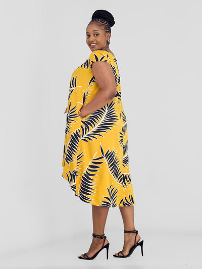 Vivo Jema High Low Tent Dress - Yellow/Black Palm Leaves Print - Shopzetu