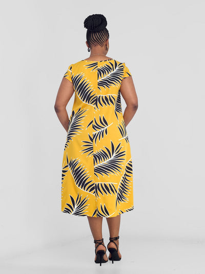 Vivo Jema High Low Tent Dress - Yellow/Black Palm Leaves Print - Shopzetu