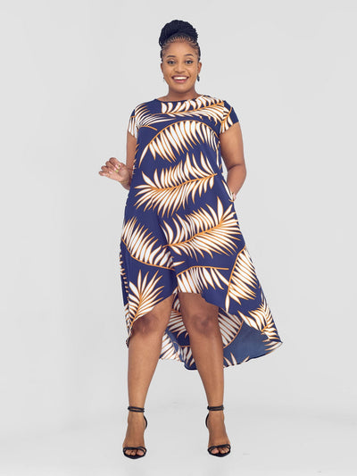 Vivo Jema High Low Tent Dress - Navy / White Palm Leaves Print - Shopzetu