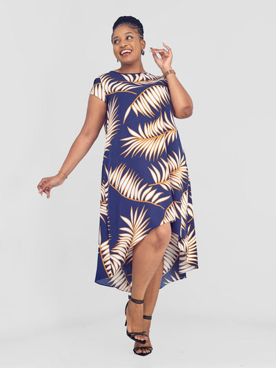 Vivo Jema High Low Tent Dress - Navy / White Palm Leaves Print - Shopzetu