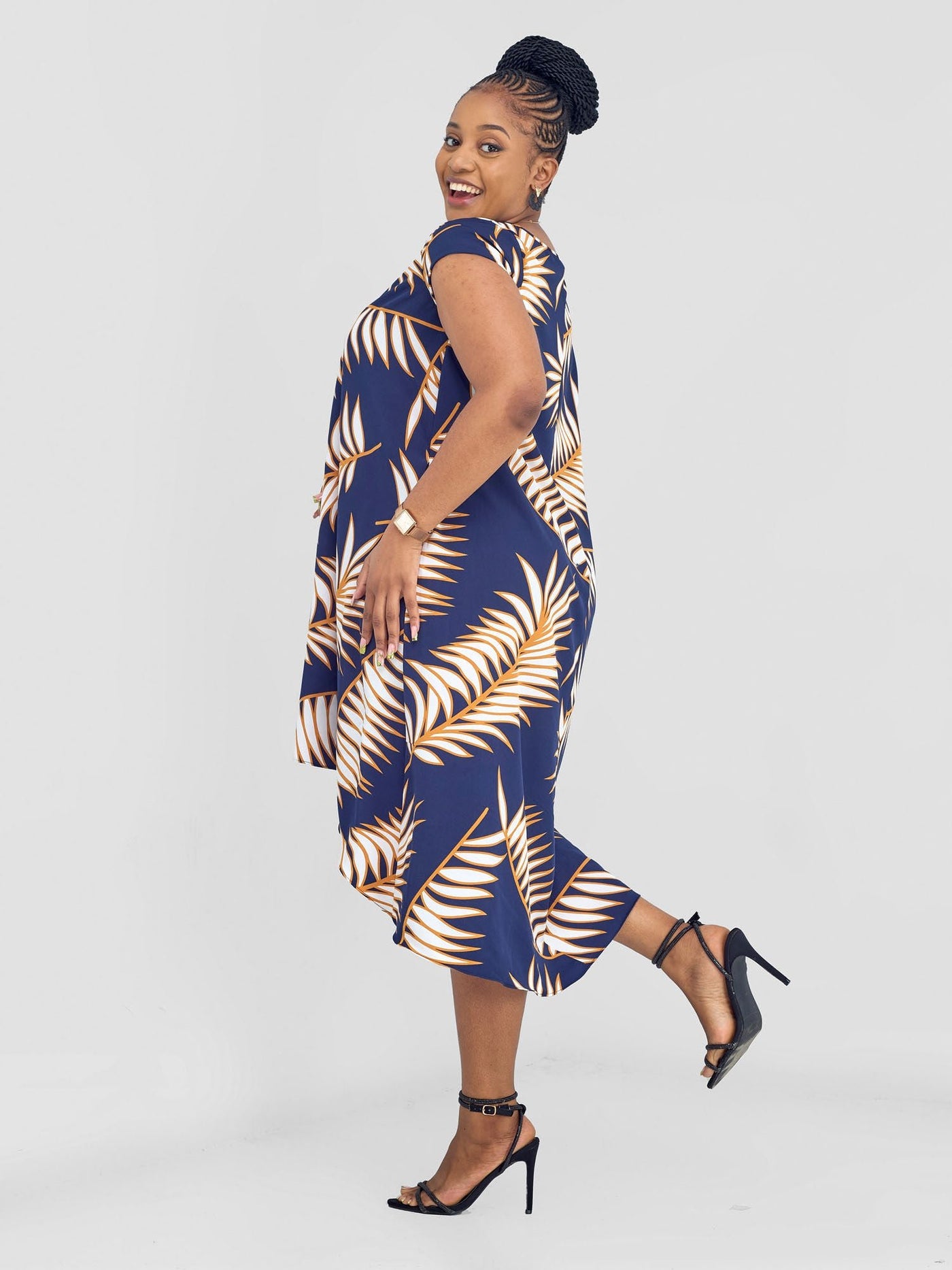 Vivo Jema High Low Tent Dress - Navy / White Palm Leaves Print - Shopzetu