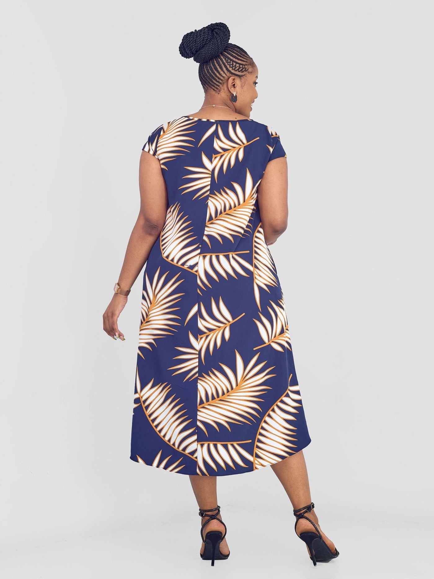 Vivo Jema High Low Tent Dress - Navy / White Palm Leaves Print - Shopzetu