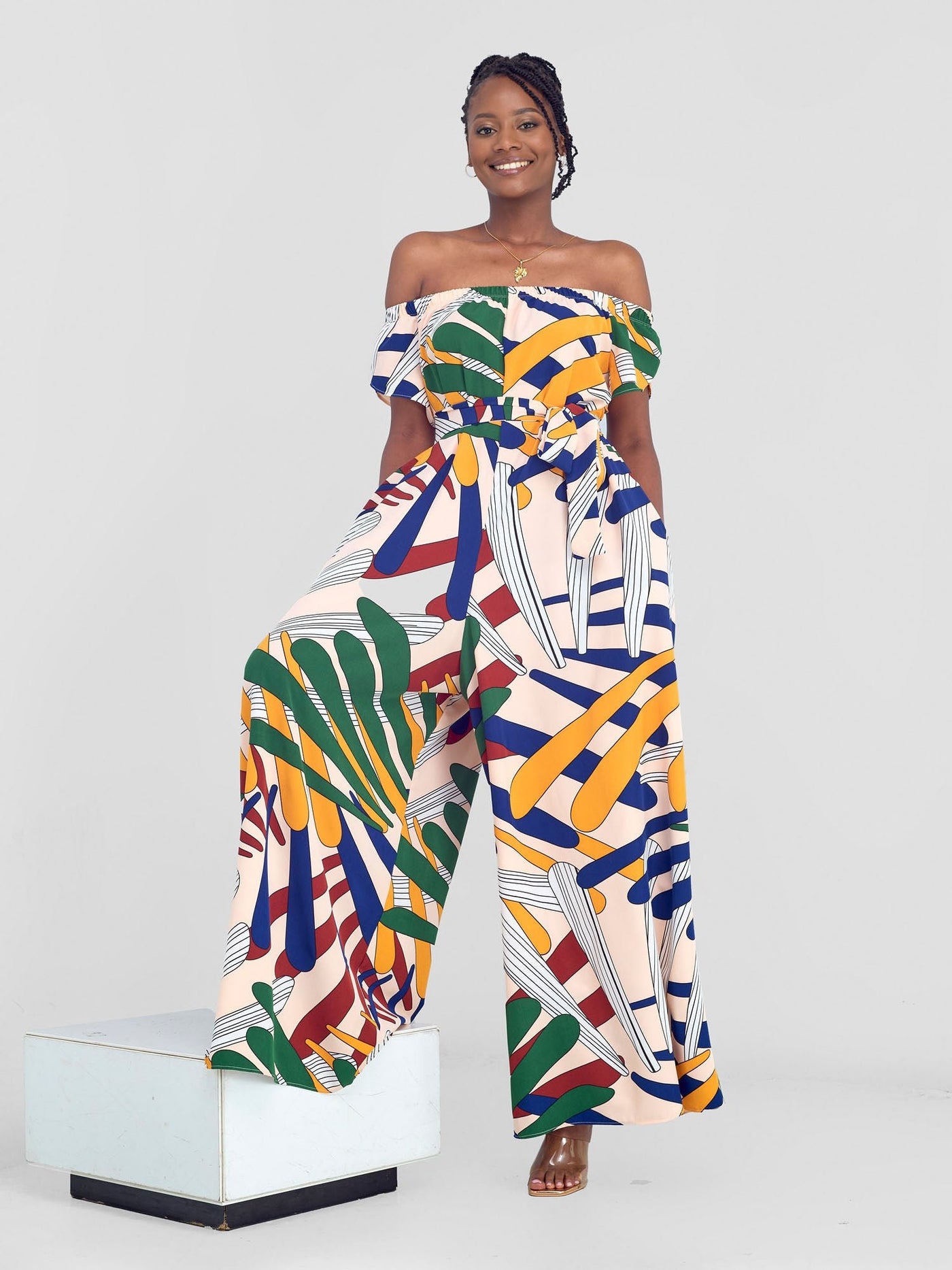 Vivo Dalia Off Shoulder Jumpsuit - Cream / Navy Abstract Print - Shopzetu