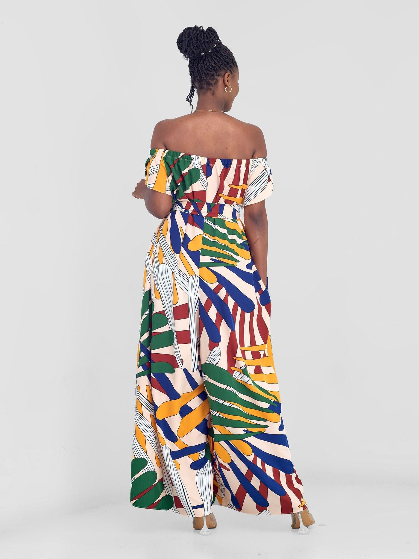 Vivo Dalia Off Shoulder Jumpsuit - Cream / Navy Abstract Print - Shopzetu