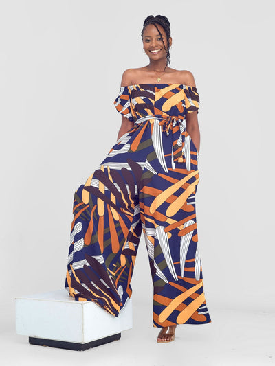 Vivo Dalia Off Shoulder Jumpsuit - Mustard / Navy Abstract Print - Shopzetu