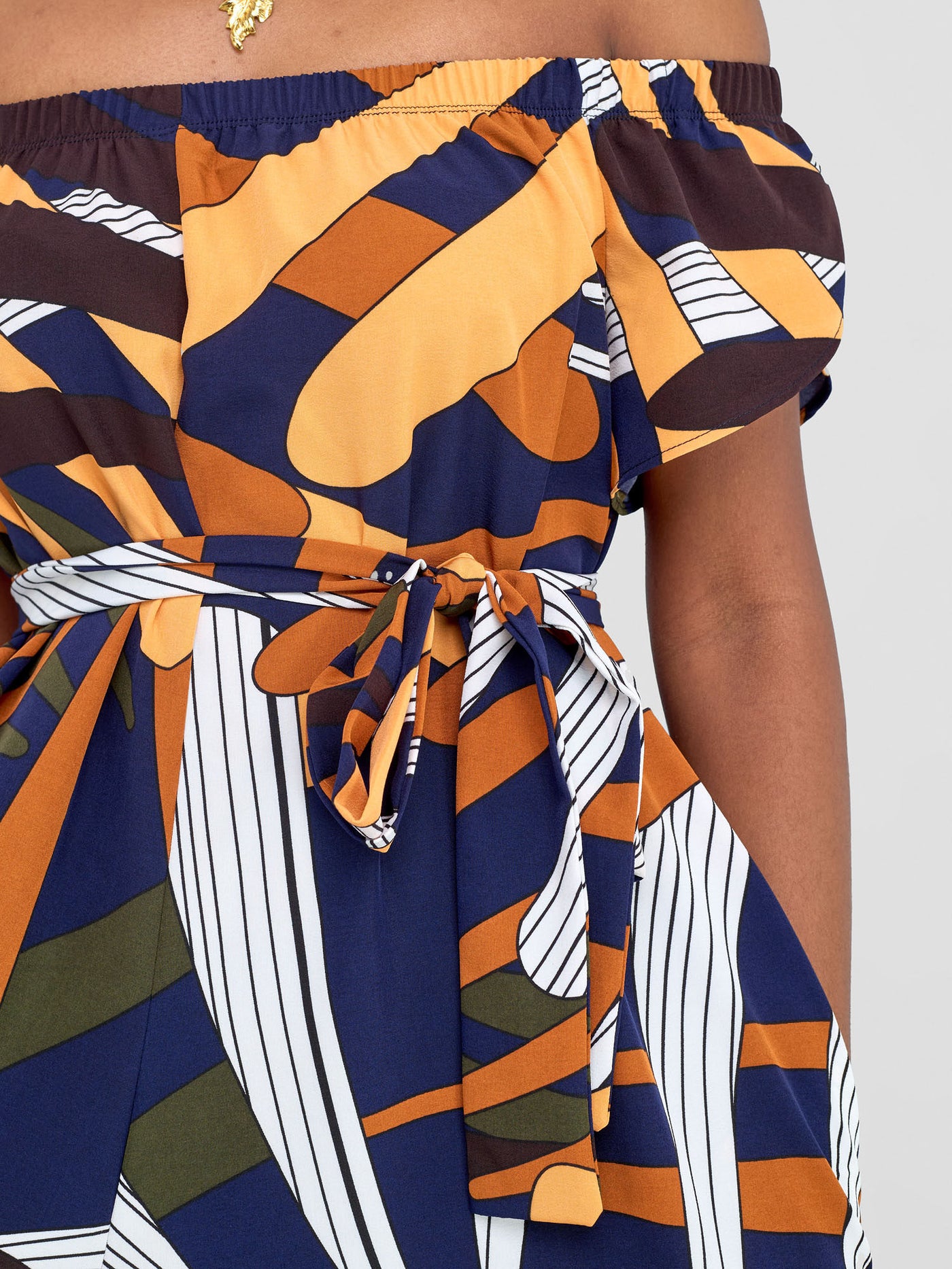 Vivo Dalia Off Shoulder Jumpsuit - Mustard / Navy Abstract Print