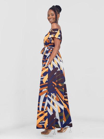 Vivo Dalia Off Shoulder Jumpsuit - Mustard / Navy Abstract Print