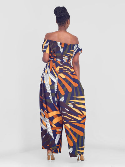 Vivo Dalia Off Shoulder Jumpsuit - Mustard / Navy Abstract Print - Shopzetu