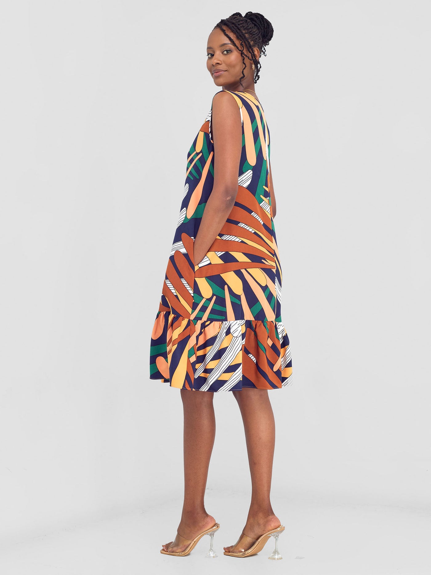 Vivo Dalia Sleeveless Gathered Tent Dress - Orange / Green Print