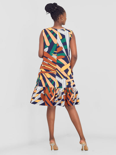 Vivo Dalia Sleeveless Gathered Tent Dress - Orange / Green Print