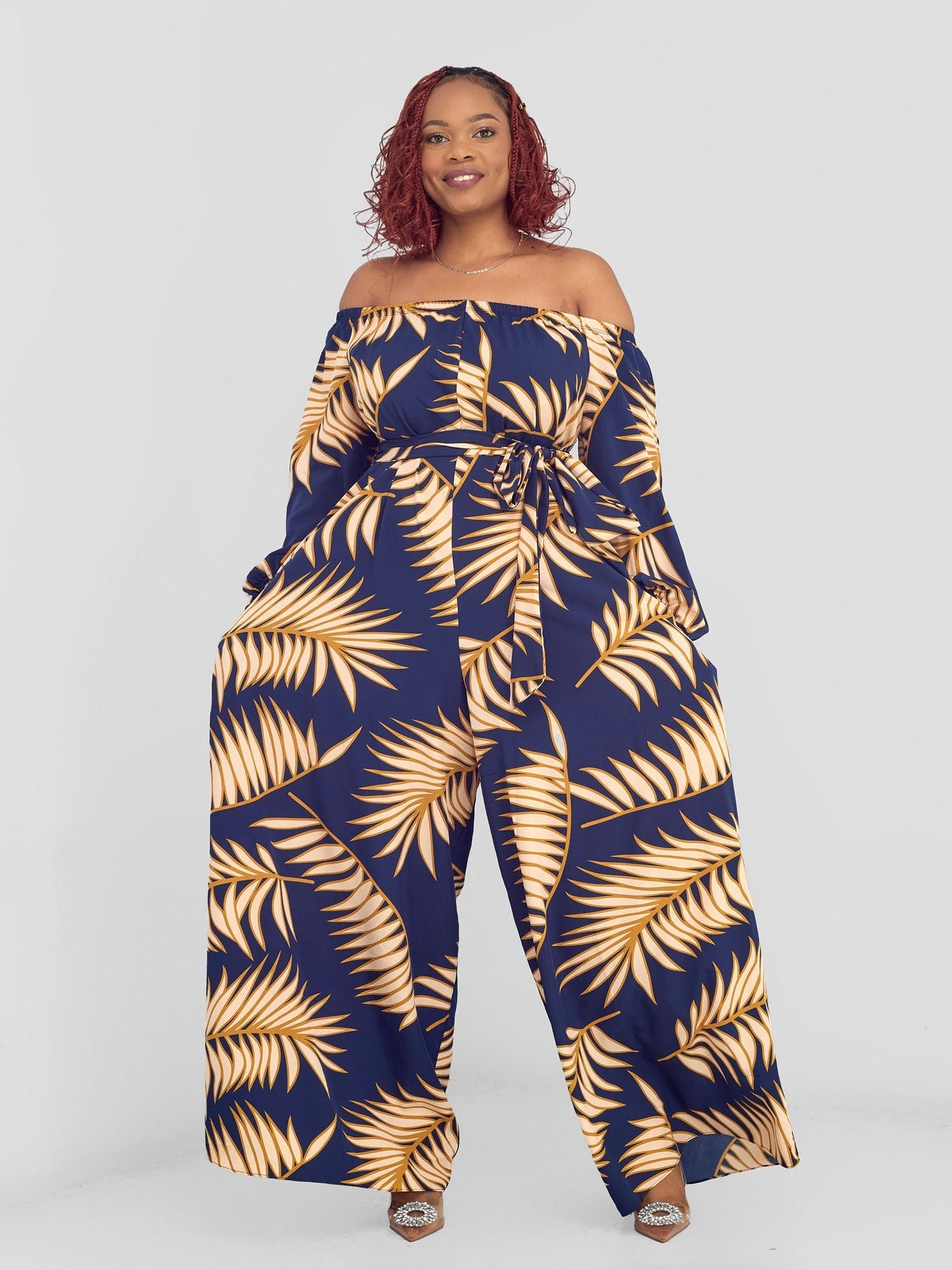 Vivo Yumi Off Shoulder Jumpsuit - Navy / Peach Palm Leaves - Shopzetu