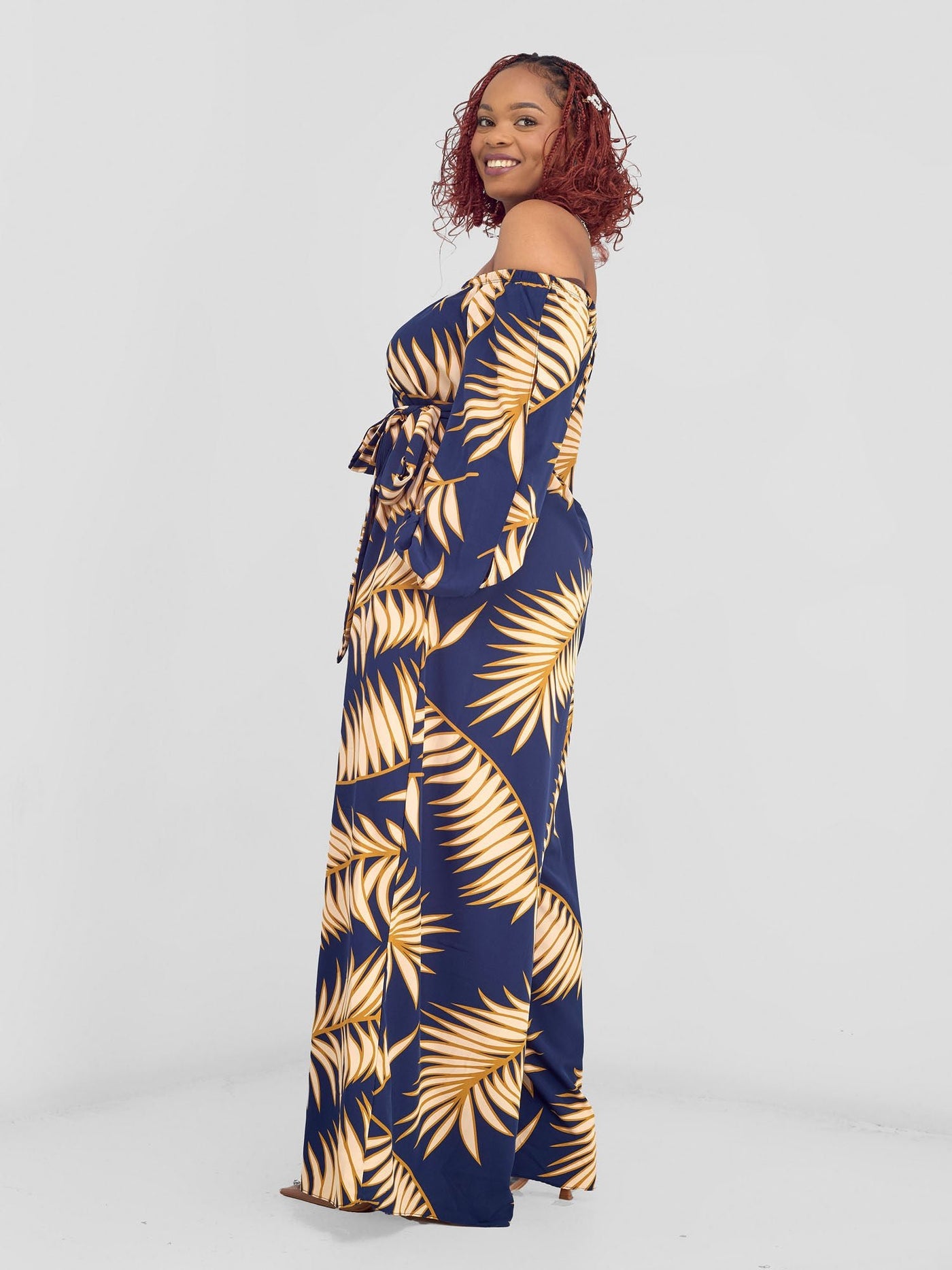 Vivo Yumi Off Shoulder Jumpsuit - Navy / Peach Palm Leaves - Shopzetu