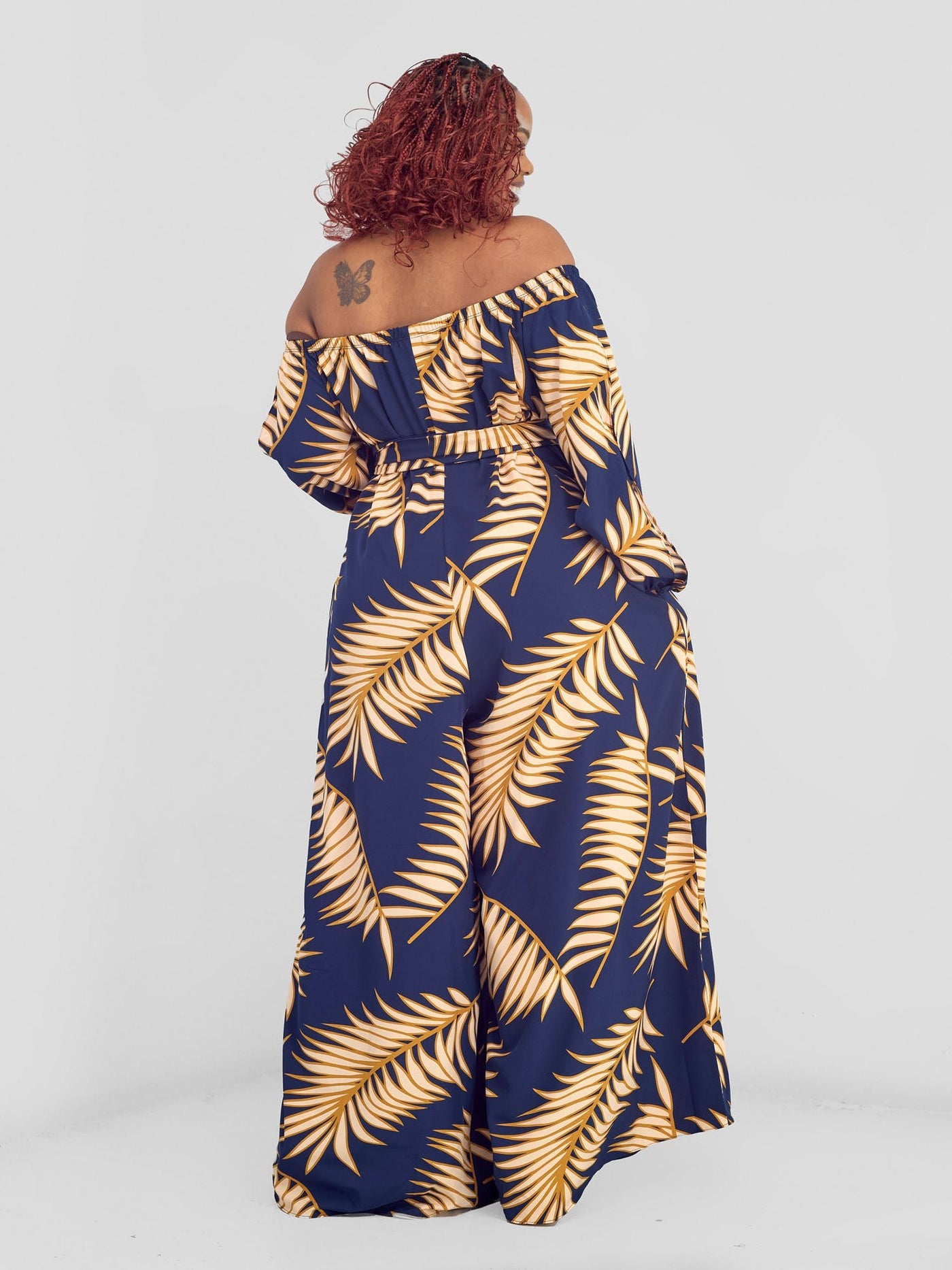 Vivo Yumi Off Shoulder Jumpsuit - Navy / Peach Palm Leaves - Shopzetu