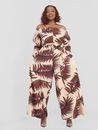 Vivo Yumi Off Shoulder Jumpsuit - Taupe / Brown Palm Leaves - Shopzetu