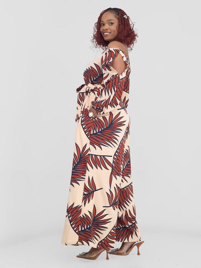 Vivo Yumi Off Shoulder Jumpsuit - Taupe / Brown Palm Leaves - Shopzetu