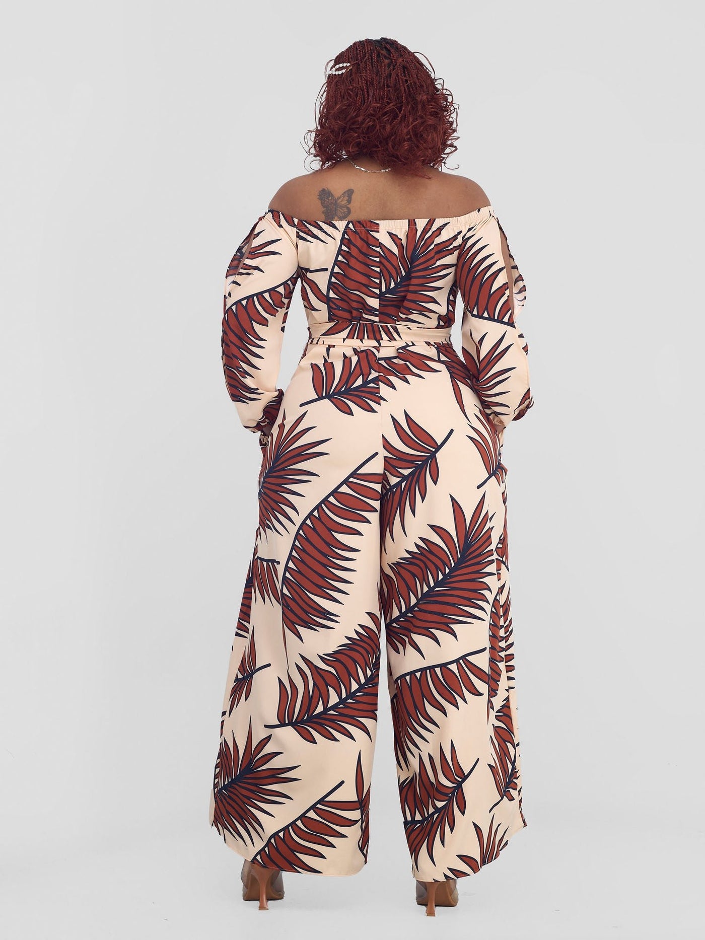 Vivo Yumi Off Shoulder Jumpsuit - Taupe / Brown Palm Leaves - Shopzetu