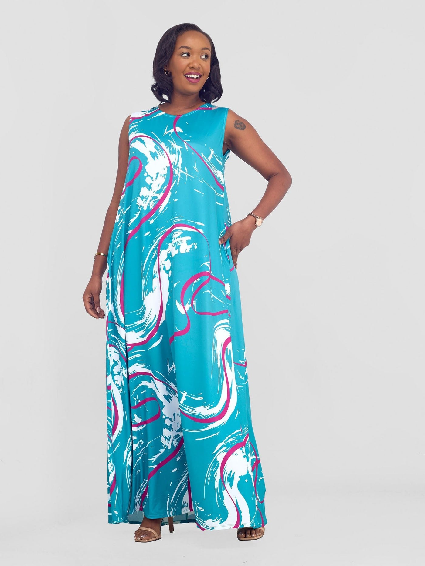 Vivo Lumi Back Pleat Maxi Dress - Teal / Purple Kita Print - Shopzetu