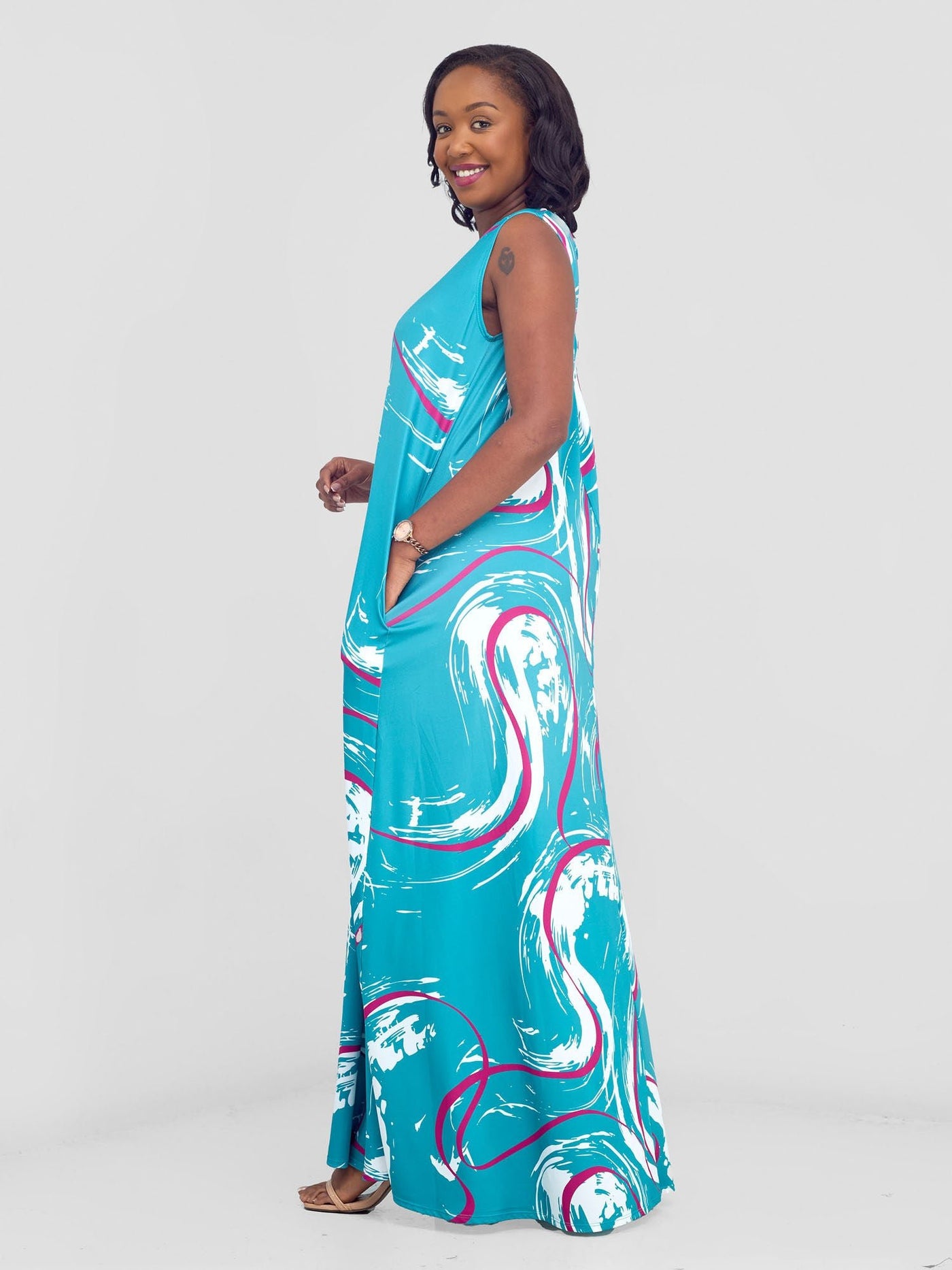 Vivo Lumi Back Pleat Maxi Dress - Teal / Purple Kita Print - Shopzetu