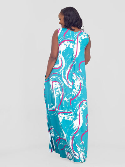 Vivo Lumi Back Pleat Maxi Dress - Teal / Purple Kita Print - Shopzetu