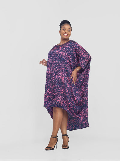 Vivo High Low Dolman Dress - Navy / Pink Print - Shopzetu