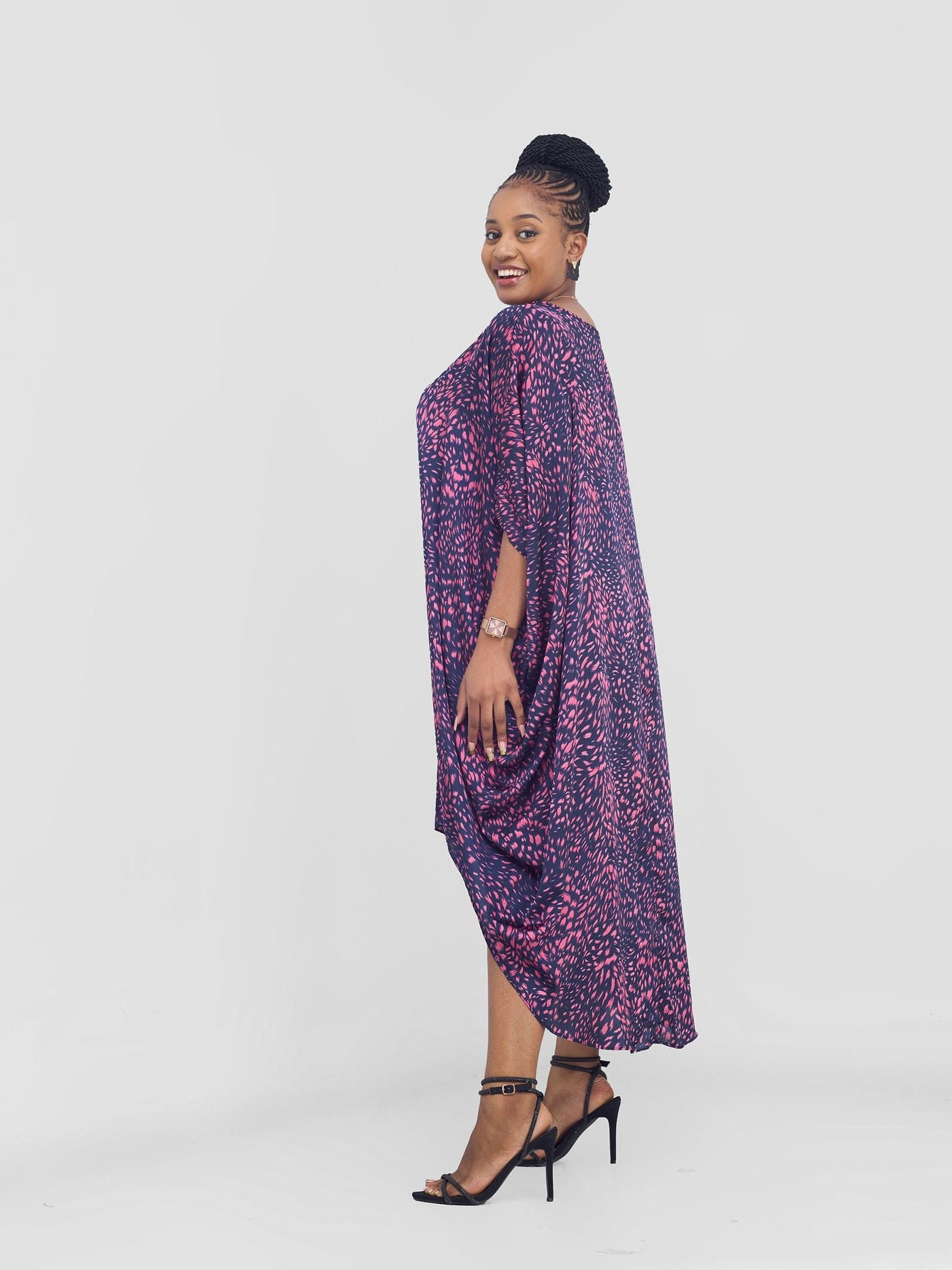 Vivo High Low Dolman Dress - Navy / Pink Print - Shopzetu