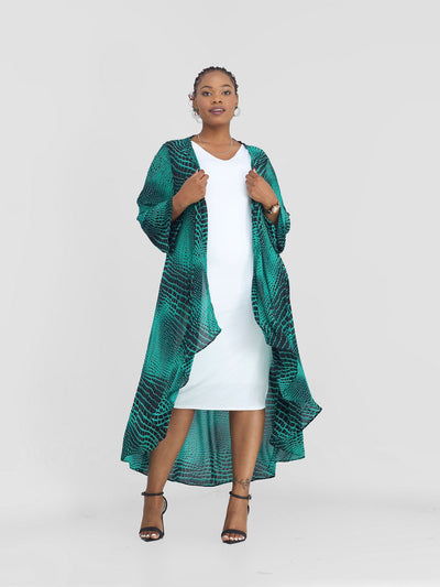 Vivo Maisha Long Sleeve High Low Kimono - Green / Black Rika Print - Shopzetu