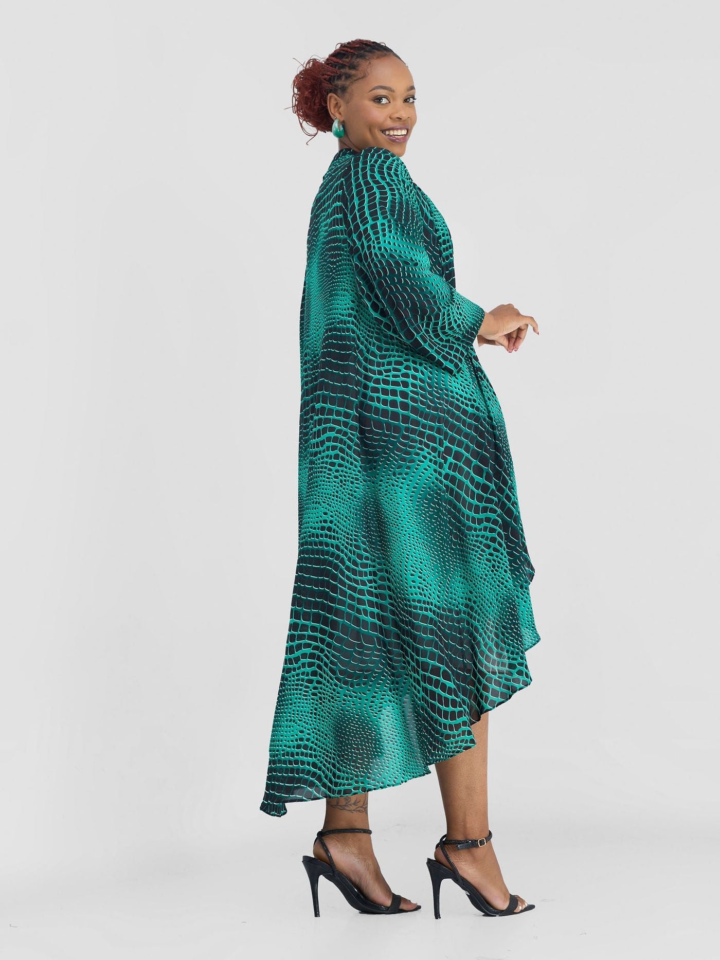 Vivo Maisha Long Sleeve High Low Kimono - Green / Black Rika Print - Shopzetu