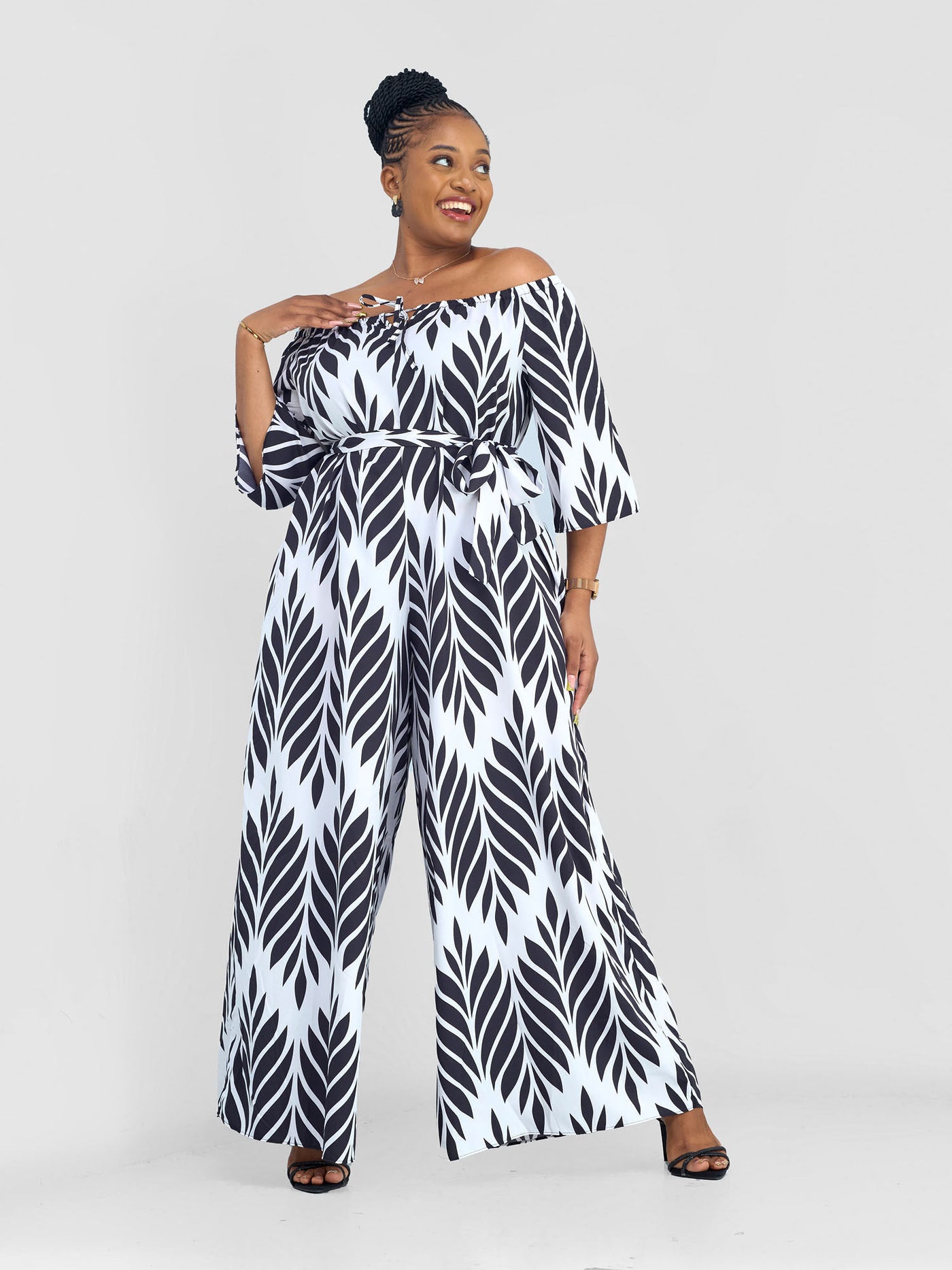 Vivo Zahari 3/4 Sleeve Off - Shoulder Jumpsuit - Black / White Print - Shopzetu