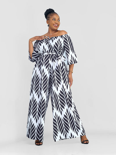 Vivo Zahari 3/4 Sleeve Off - Shoulder Jumpsuit - Black / White Print - Shopzetu