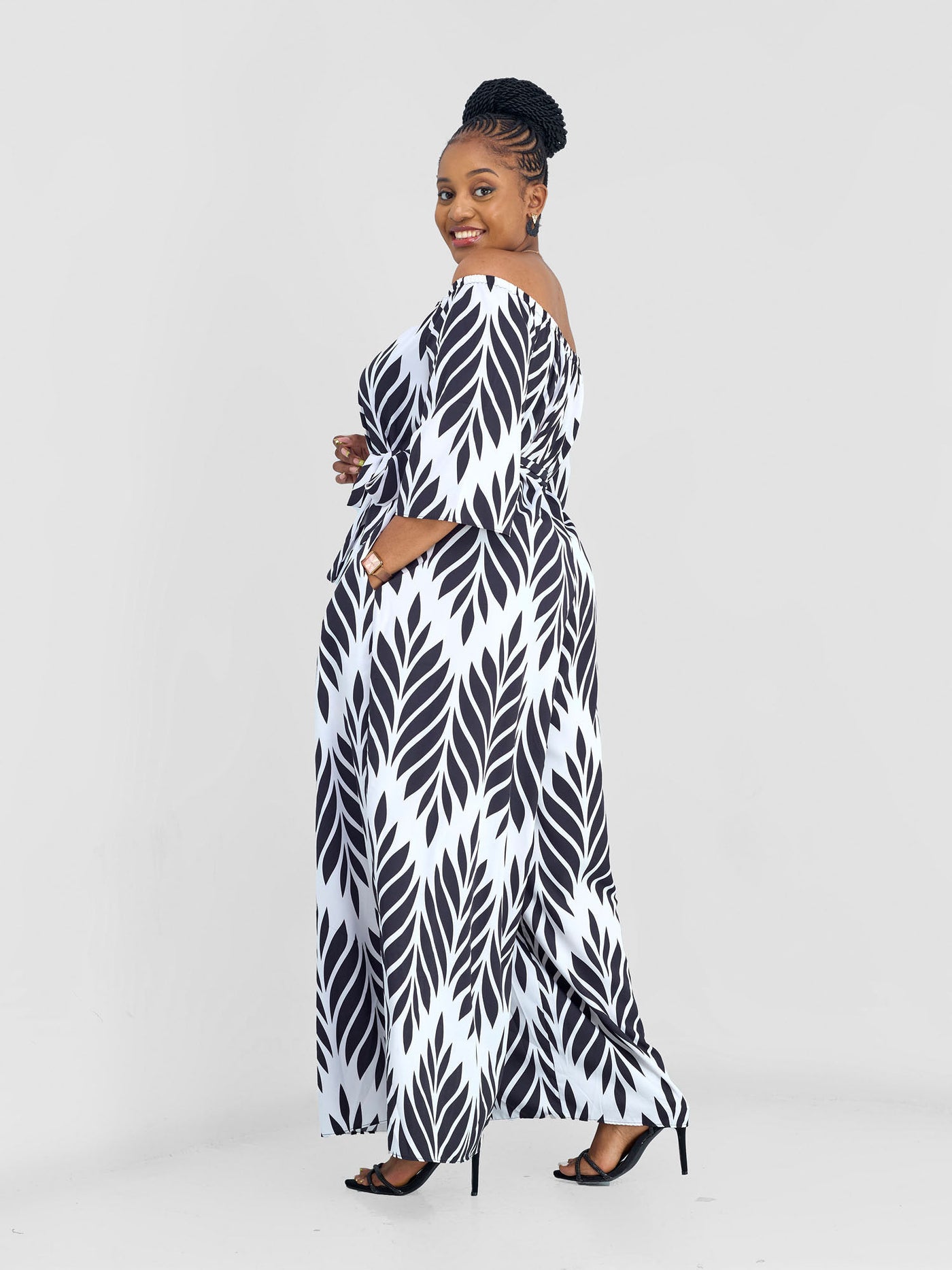 Vivo Zahari 3/4 Sleeve Off - Shoulder Jumpsuit - Black / White Print - Shopzetu