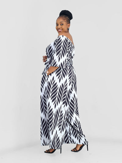 Vivo Zahari 3/4 Sleeve Off - Shoulder Jumpsuit - Black / White Print - Shopzetu