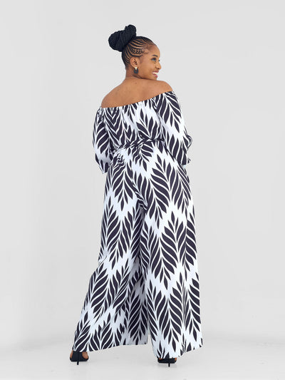 Vivo Zahari 3/4 Sleeve Off - Shoulder Jumpsuit - Black / White Print - Shopzetu