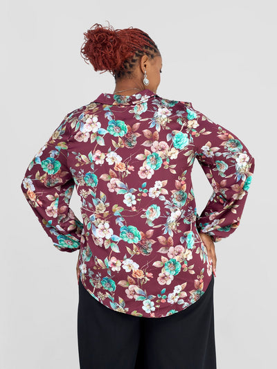 Vivo Zuri Long Sleeved Blouse - Maroon Floral Print - Shopzetu