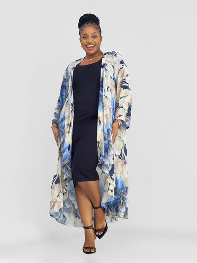 Vivo Maisha Long Sleeve High Low Kimono - Navy / Beige Nyua Print