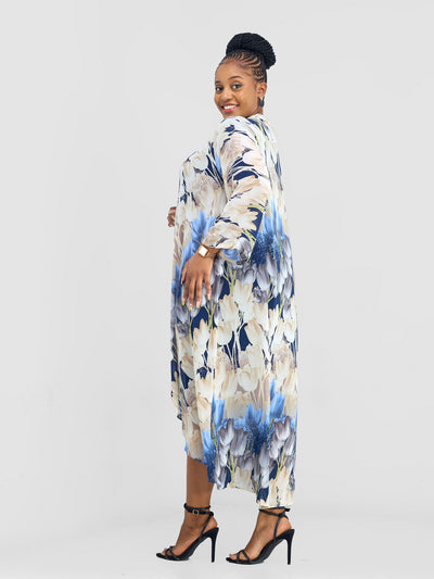 Vivo Maisha Long Sleeve High Low Kimono - Navy / Beige Nyua Print