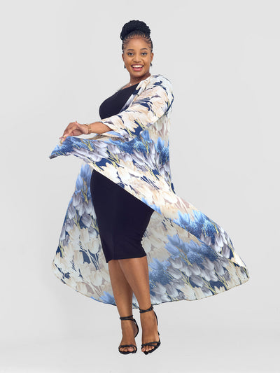 Vivo Maisha Long Sleeve High Low Kimono - Navy / Beige Nyua Print