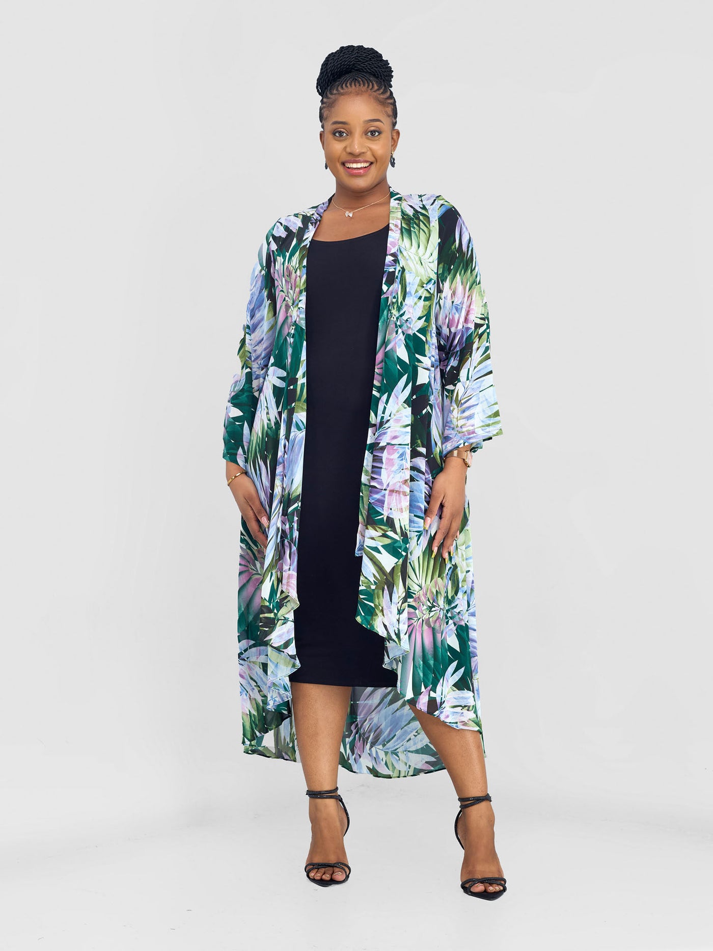 Vivo Maisha Long Sleeve High Low Kimono - Green Nyua Print - Shopzetu