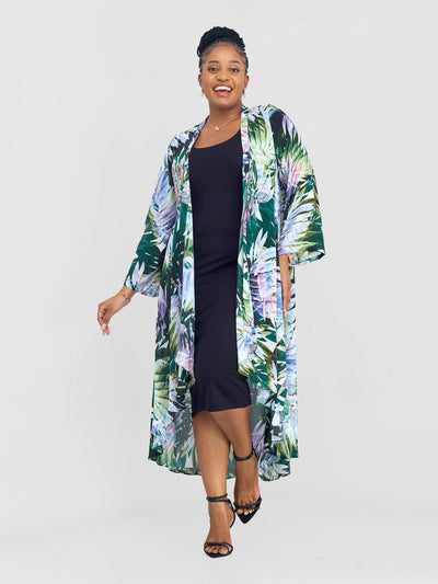 Vivo Maisha Long Sleeve High Low Kimono - Green Nyua Print - Shopzetu