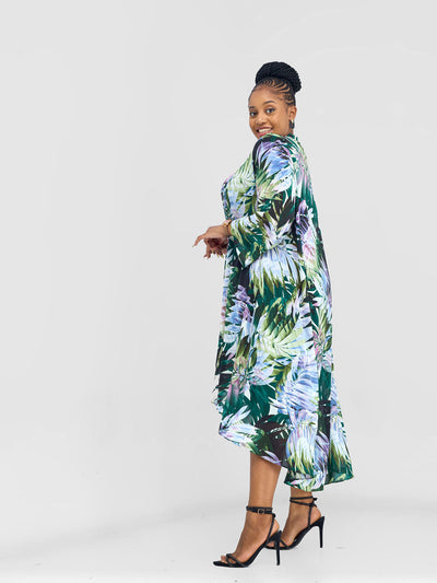 Vivo Maisha Long Sleeve High Low Kimono - Green Nyua Print - Shopzetu