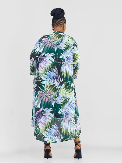 Vivo Maisha Long Sleeve High Low Kimono - Green Nyua Print - Shopzetu