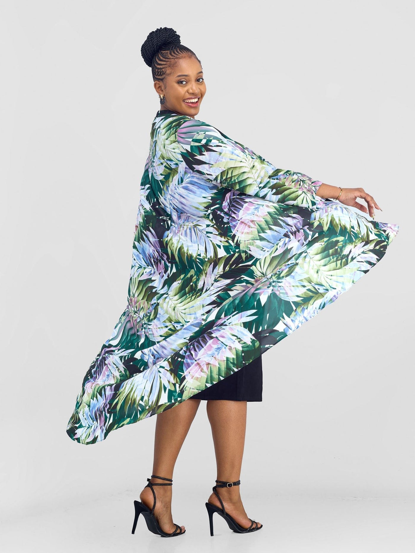 Vivo Maisha Long Sleeve High Low Kimono - Green Nyua Print - Shopzetu