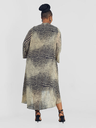 Vivo Maisha Long Sleeve High Low Kimono -   Beige / Black Rika Print