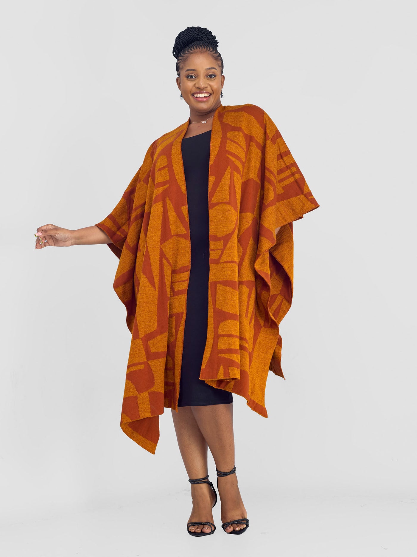 Vivo Reversible Poncho without Fringes - Rust / Mustard Samba Print - Shopzetu