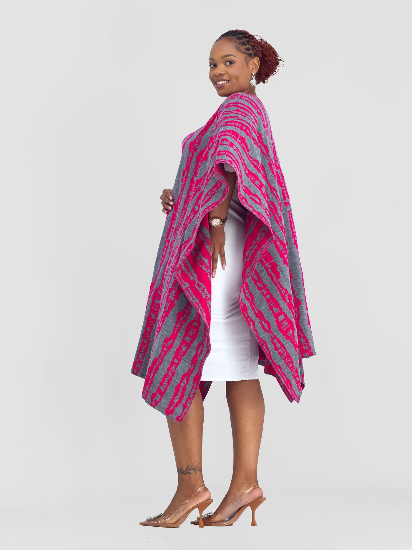 Vivo Reversible Poncho without Fringes - Pink / Mixed Greys - Shopzetu