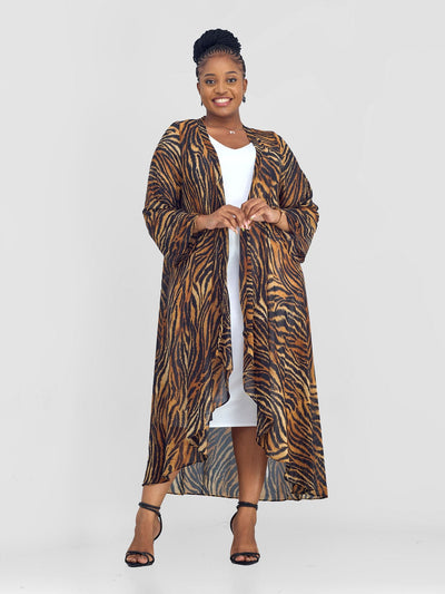 Vivo Maisha Long Sleeve High Low Kimono - Brown / Black Mistari Print - Shopzetu